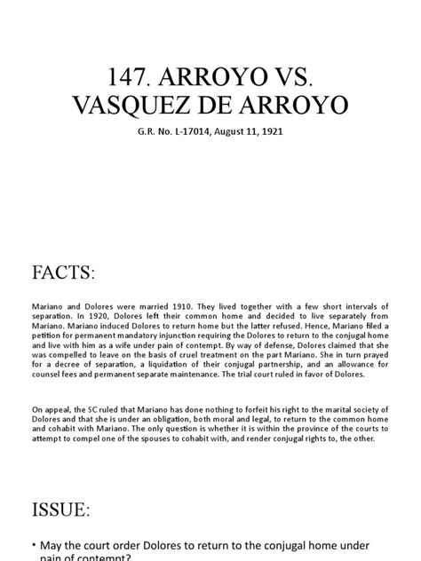 arroya vs. vazquez de arroyo, 42 phil 54 (1921)|Delaying Gratification: Arroyo v. Vasquez de Arroyo (1921) .